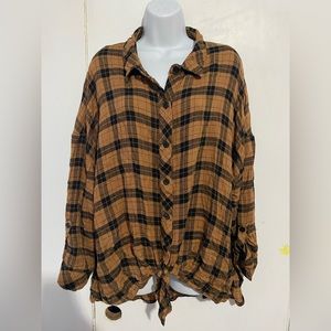 City chic long sleeve button through top with tie waist in brown and black check